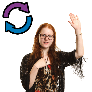 A woman with 1 hand in the air and the other pointing to herself. There is a change symbol next to her