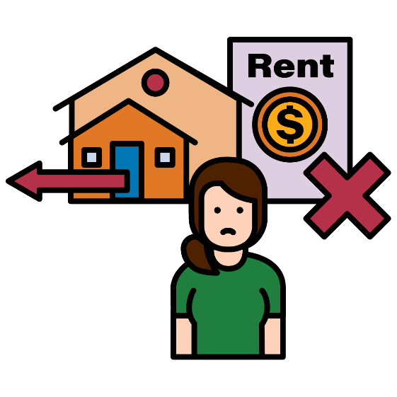 House with arrow pointing outwards. There is a rent icon with a cross on it, and a sad woman in front of everything.