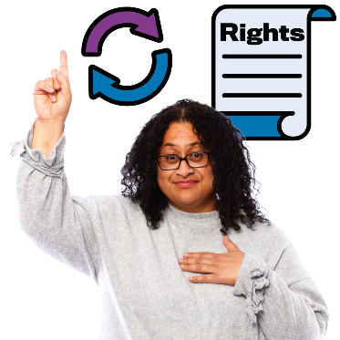 A woman with 1 hand in the air and the other pointing to herself. There is a rights symbol and a change symbol next to her