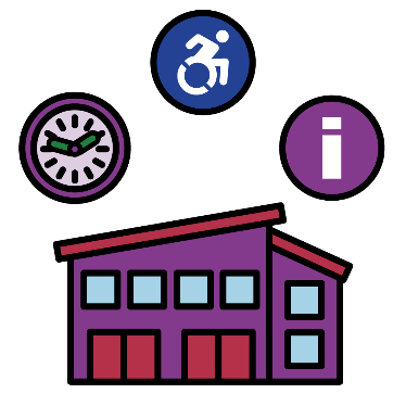 A building with an information icon, an accessible icon and a clock