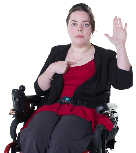 A woman with disability. She has one hand in the air and the other is pointing at herself