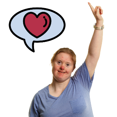 A woman with her hand in the air. There is a speech bubble with a heart in it