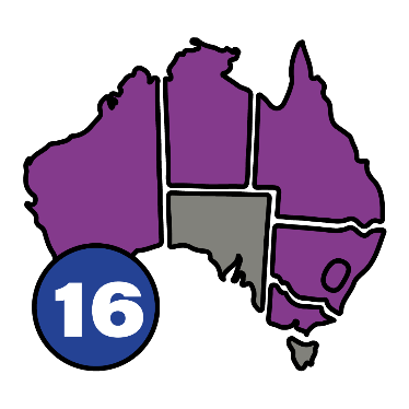 A map of Australia with the Australian Capital Territory, New South Wales, the Northern Territory, Queensland, Victoria and Western Australia coloured in. The number 16 is next to the map