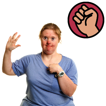 A woman with 1 hand in the air and the other pointing to herself. There is a violence symbol next to her