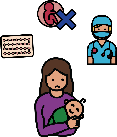 A woman with a baby. She looks worried. Around her is contraception, a symbol for abortion and a surgeon