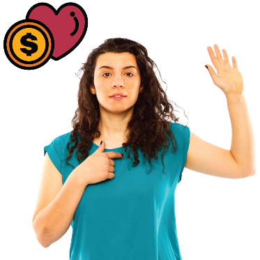 A sex worker with a heart and a money symbol next to her