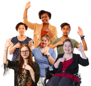 A group of women and girls pointing at themselves and their other hand raised.