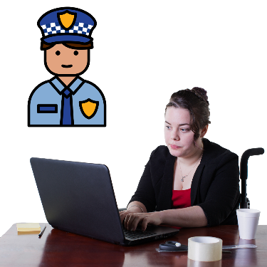 A woman uses her laptop. The police officer icon is next to her.