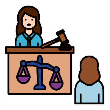 court room icon showing a judge and a defendant