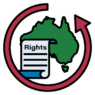 Map icon showing a bill of rights and an arrow surrounding Australia