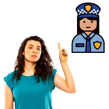 Image of a woman pointing to an icon of a policewoman