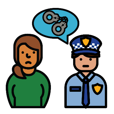 Icon of a woman with a policeman who has a speech bubble with handcuffs