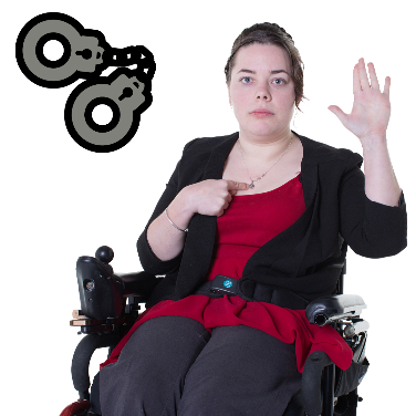 Image of a woman with her hand up next to an icon of handcuffs
