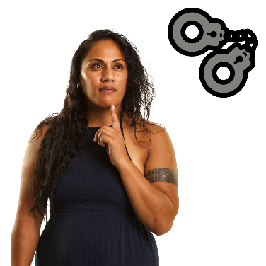 Image of a woman thinking next to an icon of handcuffs