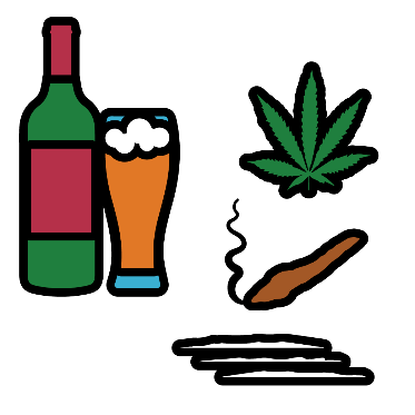 Icon of alcohol, a hemp leaf and a smoking cigarette