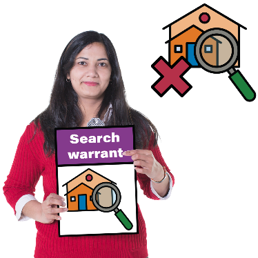 Image of a woman holding up a search warrant, with a builidng icon nearby which has a red cross and a magnifying glass