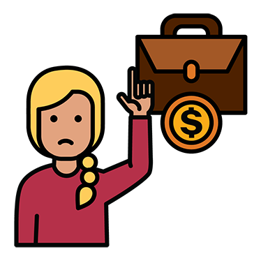 Icon of an unhappy woman next to a briefcase containing money