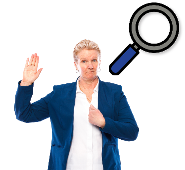 Lawyer with her hand in the air with a magnifying glass icon nearby