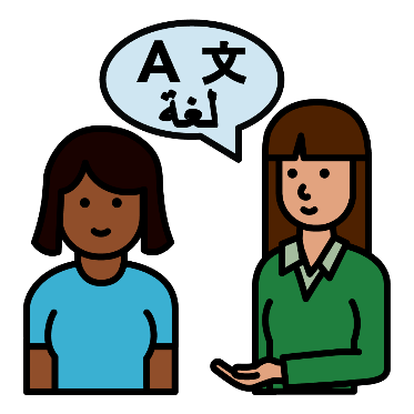 Icon of a women talking in different languages next to another woman