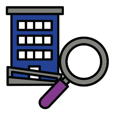Bulding with magnifying glass icon