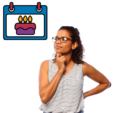 Image of a woman with an icon of a calendar with a birthday cake
