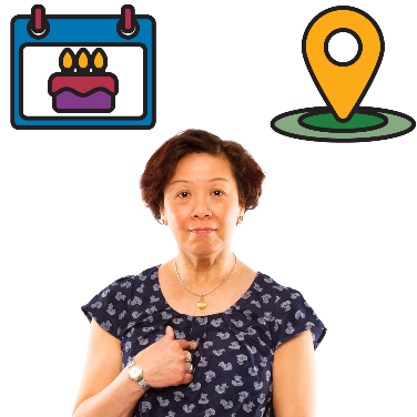 Image of a woman with her thumb up alongside an icon of a birthday cake and a map drop pin