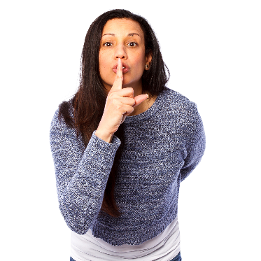 Image of a woman with a single finger at her lips indicating to be quiet