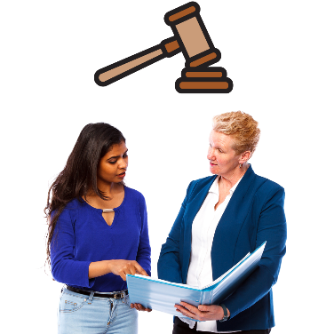Image of two woman talking with an icon of a judges hammer above them