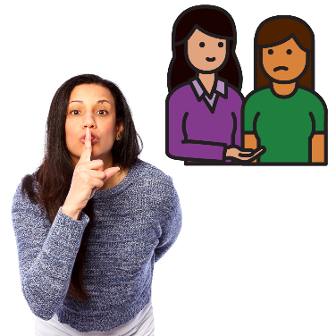 Image of a woman shushing with her finger with an icon of a woman counselling another unhappy woman