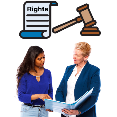Image of two woman discussing a document with an icon of a judges hammer and a rights document