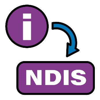 Icon for information and an arrow pointing to an NDIS sign.