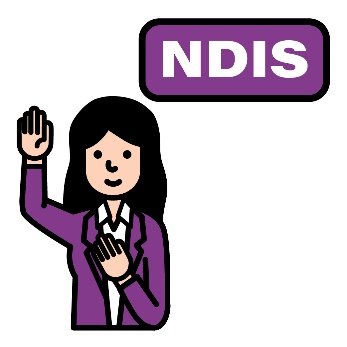 A person wearing a purple uniform with her hand up. There is a sign above her reading 'NDIS.'