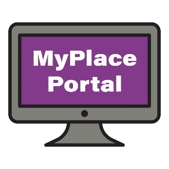 Computer with purple background and white text: 'MyPlace portal.'