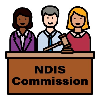 Three people sitting at a desk. The desk has text on it reading: 'NDIS Commission.'