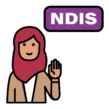 A woman wearing a headscarf with an NDIS sign above her.