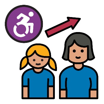 Two people side by side. One is much younger the other. Above them is an icon representing disability and an arrow pointing diagonally up.