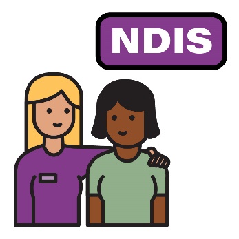 One person with their arm around the other. Above them is the NDIS sign.
